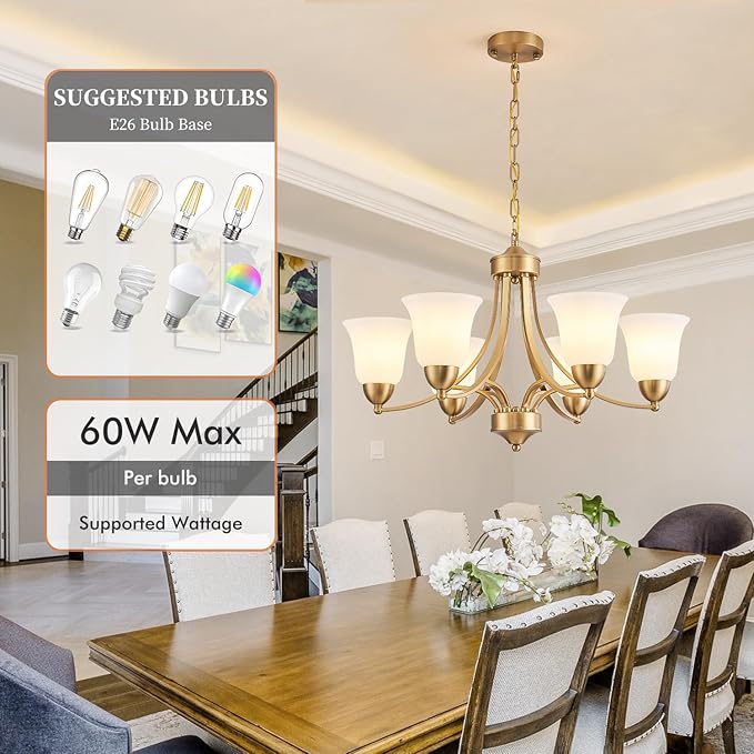 6-Light Gold Chandeliers for Dining Room with Frosted Glass Modern 47.2'' Ceiling Hanging Light Fixtures Classic Farmhouse Pendant Lighting for Kitchen Island, Dining Table, Adjustable Height