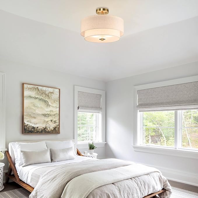 XiNBEi Lighting 16inch Semi Flush Mount Ceiling Light, 3-Light Brass Double Drum Light Fixture with Linen Shade Close to Ceiling Lamp for Bedroom Living Room Kitchen XB-SF1289-BS