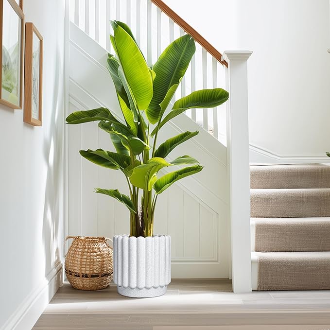 Ceramic Plant Pots - 9.6 Inch Ceramic Planters with Drainage Hole, Round Flower Pots for Indoor Plants, Modern Fluted Large Planter Outdoor, Home Room Decor, Gardening Gifts, White