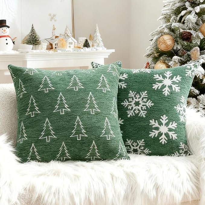 Soft Chenille Christmas Pillow Covers 20x20 Set of 2, Reversible Snowflake & Tree Pattern, Thick & Cozy Farmhouse Holiday Decor Cushion Cases with Hidden Zipper for Sofa Couch Bed(Green,20x20)