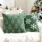 Soft Chenille Christmas Pillow Covers 20x20 Set of 2, Reversible Snowflake & Tree Pattern, Thick & Cozy Farmhouse Holiday Decor Cushion Cases with Hidden Zipper for Sofa Couch Bed(Green,20x20)