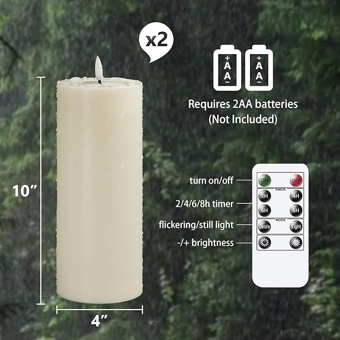 Waterproof Flickering Plastic Flameless with Cycle Timer & Remote Control, Pack of 2 Fake Battery Operated Candle Grease Outdoor Pillar LED Candles (Ivory, 4" x10")