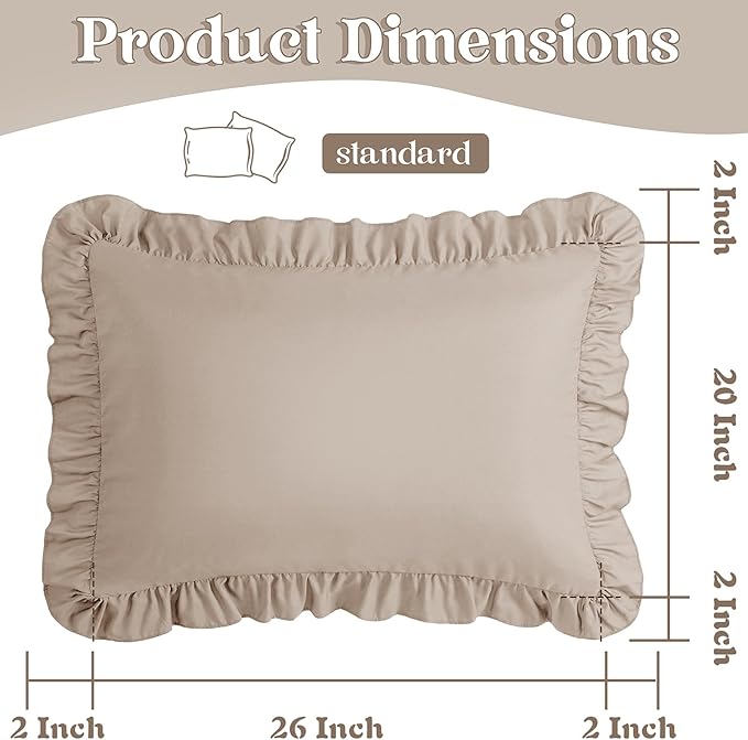 KKJIAF Ruffle Pillow Cases Standard Size Set of 2, Ruffled Pillow Covers with Envelope Closure, Wrinkle Resistant Pillowcases 20" x 26", Ruffled Pillow Shams, Khaki