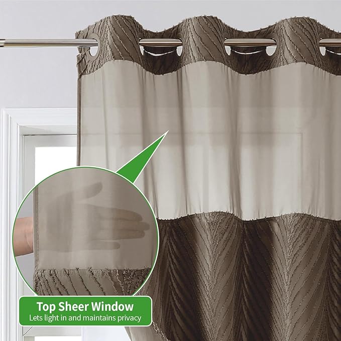 no Hook Shower Curtain and Liner Set，Boho Style with See Through Top Window, Brown Fabric Tufted Striped Textured Outer Curtain & Waterproof Inner Liner, Brown, 71Wx77H