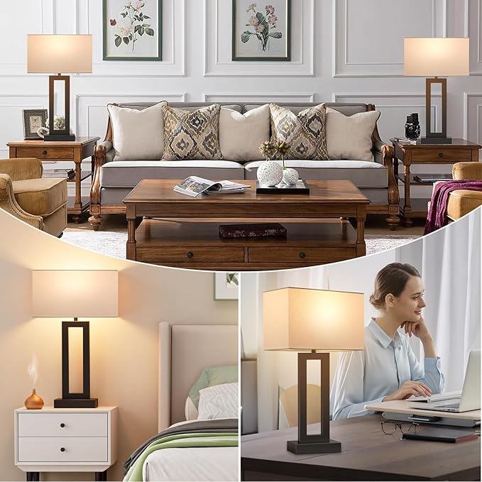 22" Tall Modern Living Room Lamps - Touch Bedside Lamps with USB C+A, 3 Way Dimmable for Bedroom End Tables Set of 2 (White & Black)