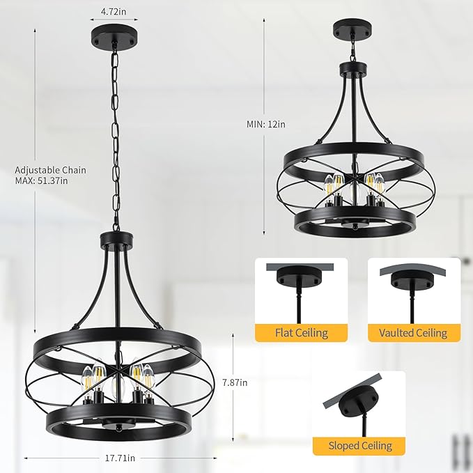 5-Light Farmhouse Chandelier, 17.72" Rustic Drum Dining Room Light Fixture, Black Chandeliers Hanging Pendant Lighting, Industrial Candle Chandeliers for Living Room Kitchen Entryway Bedroom