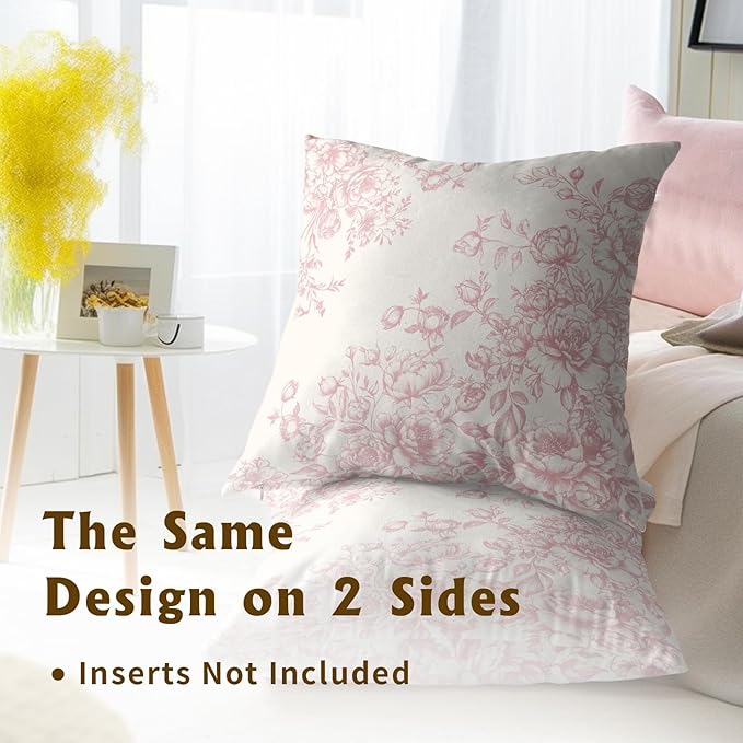 Chinoiserie Pink Floral Pillow Covers 20x20 Inch, Set of 2 Botanical Flowers Leaves Vintage Throw Pillowcases Decorative Square Cushion Cover for Sofa Couch Home and Outdoor Decor