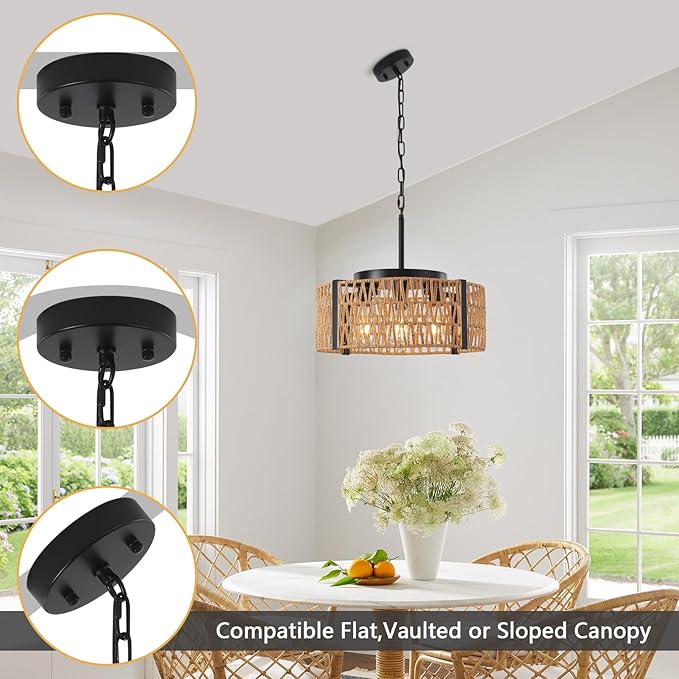 Rattan Chandelier,4-Light Chandeliers for Dining Room Hand Woven Rattan Light Fixture Farmhouse Chandelier for Kitchen Island Bedroom, Living Room, Entryway, Foyer (E26 Bulbs Not Included