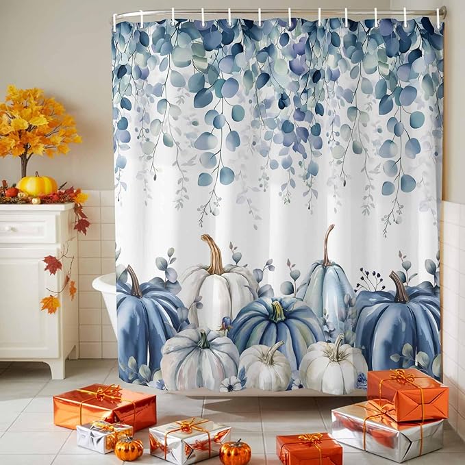 Vandarllin Fall Thanksgiving Shower Curtain, Blue Eucalyptus Leaves Shower Curtains Set with Hooks, Autumn White Pumpkin Waterproof Fabric Bathroom Curtains Decor Home Accessories,Stall Long 54 X 78