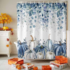 Fall Thanksgiving Shower Curtain, Blue Eucalyptus Leaves Shower Curtains Set with Hooks, Autumn White Pumpkin Waterproof Fabric Bathroom Curtains Decor Home Accessories,72 X 84 Inch Extra Long