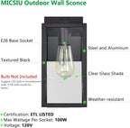 MICSIU 2 Pack Outdoor Light Fixture, Black Exterior Sconce Light with E26 Base Socket, 11 Inch Outside Wall Mount Lights for House, Yard, Shop, Doorway, Pathway, Balcony