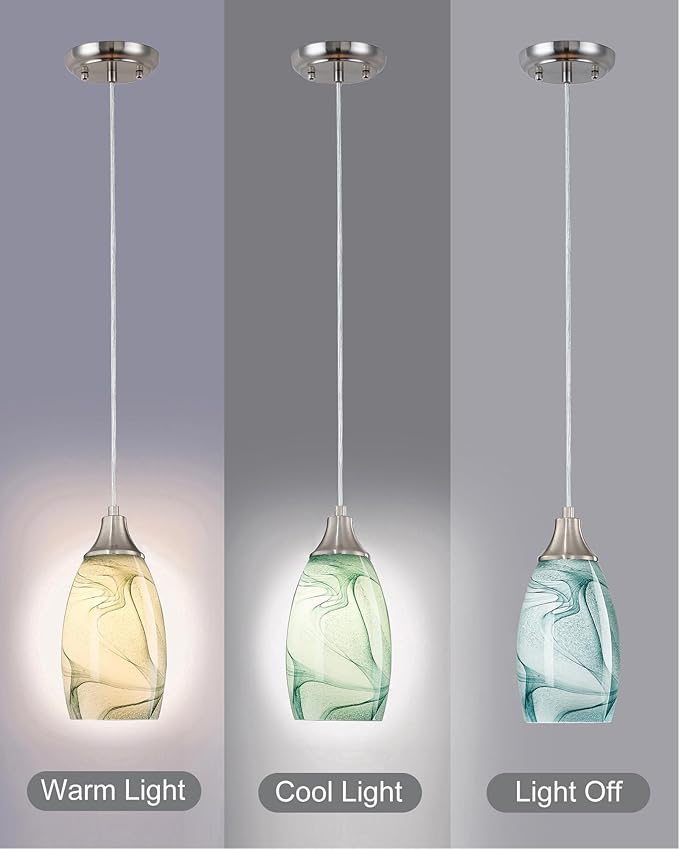 Mini Pendant Lights Kitchen Island Light Brown Glass Lamp Shade Hand Blown Glass Pendant Light with Brush Nickel Finish Adjustable Cord for Kitchen Over Sink (Green Marble-3Packs)
