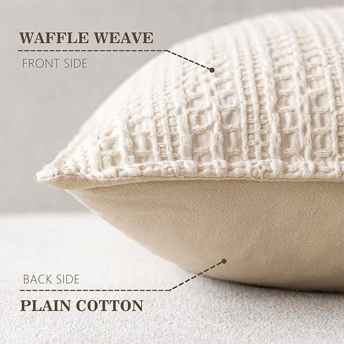 Foindtower Set of 2 Decorative Cotton Waffle Weave Lumbar Throw Pillow Covers Euro Shams Cushion Covers Accent European Pillowcase For Bed Couch Bedroom Living Room Home Decor 12×20 Inch Natural Beige