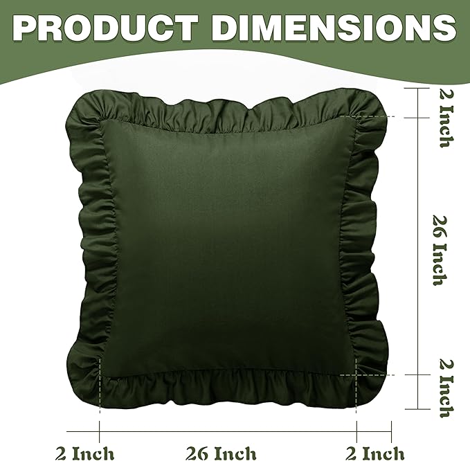 KKJIAF Ruffle Pillow Cases 26x26 Inches, Olive Green Square Ruffled Pillow Covers Set of 2, Microfiber Wrinkle Resistant Pillow Shams with Envelope Closure for Sofa Bed Living Room