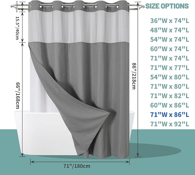Grey Extra Long No Hook Waffle Weave Shower Curtain with snap-in Liner Replacement, 230GSM Waterproof Fabric Hotel Shower Curtain Set for Bathroom, Through Mesh Top Window,71Wx86H