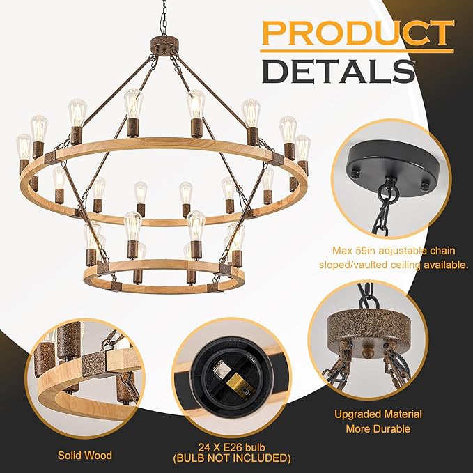 Farmhouse Wagon Wheel Chandelier 43" Wooden Rustic Chandelier 24-Light 2 Tier Extra Large Pendant Light Fixture Round Chandeliers for High Ceiling Foyer Living Room Porch