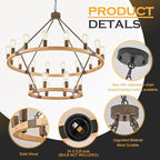 Farmhouse Wagon Wheel Chandelier 43" Wooden Rustic Chandelier 24-Light 2 Tier Extra Large Pendant Light Fixture Round Chandeliers for High Ceiling Foyer Living Room Porch