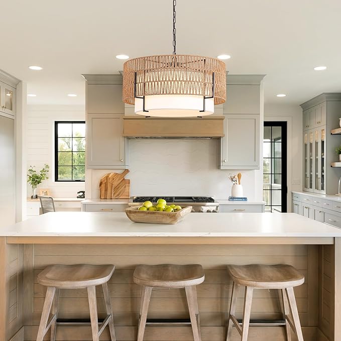 6-Light Large Rattan Chandelier, 25.6" Boho Pendant Light with Fabric Shade, Farmhouse Ceiling Light Fixture Chandelier for Dining Room, Living Room, Bedroom, Kitchen Island, Foyer, Hallway