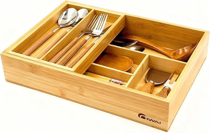 2-Tier Drawer Organizer with Removable Cutlery Tray Kitchen Utensil Silverware Drawer Organizer, Silverware Tray for Drawer Utensil Holder Bamboo Flatware Box for Utensils Stationery Cosmetics (S)