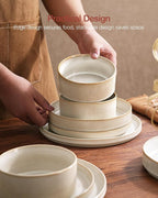 Famiware Star Dinnerware Sets, Plates and Bowls Set for 4, 12 Pieces Ribbed Dishes - Chip and Scratch Resistant, Microwave and Dishwasher Safe Tableware, Cappuccino White