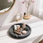 WORHE Natural Marble Vanity Tray for Bathroom Bedroom Kitchen Dresser, Round Decorative Trays for Jewelry, Perfume, Cosmetic, Candle, Countertop Storage Organizer for Home Decor Gray Black (WH017)