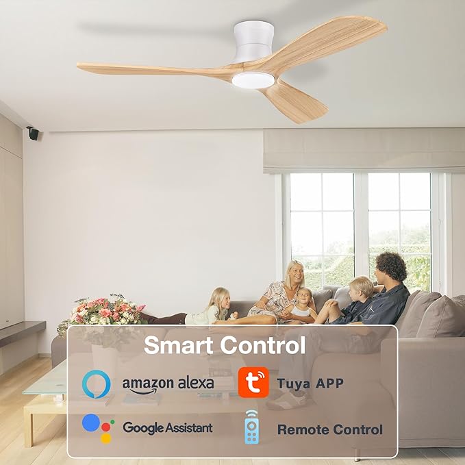 Smart 52” Wood Flush Mount Ceiling Fans with Lights and Remote,Quiet DC Motor,Outdoor Indoor Ultra Low Profile Ceiling Fan works with Alexa WIFI APP,Modern White Ceiling Fan for Bedroom Patio