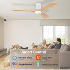 Smart 52” Wood Flush Mount Ceiling Fans with Lights and Remote,Quiet DC Motor,Outdoor Indoor Ultra Low Profile Ceiling Fan works with Alexa WIFI APP,Modern White Ceiling Fan for Bedroom Patio