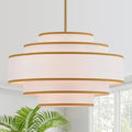 19.7" Gold Drum Chandelier with White Linen Lampshade 4-Light Modern Farmhouse Chandelier Light Fixture for Living Room, Dining Room, Kitchen Island, Foyer, Entryway, Bedroom