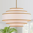 19.7" Gold Drum Chandelier with White Linen Lampshade 4-Light Modern Farmhouse Chandelier Light Fixture for Living Room, Dining Room, Kitchen Island, Foyer, Entryway, Bedroom