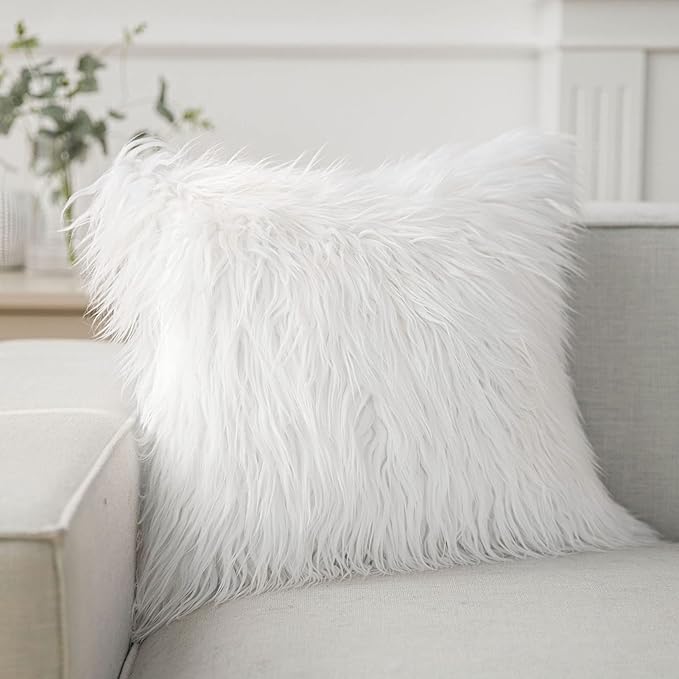 Phantoscope Faux Fur Solid Decorative Pillow Cover Fluffy Throw Pillow Mongolian Luxury Fuzzy Pillow Case Cushion Cover for Bedroom and Couch, Off-White 24 x 24 Inches, Pack of 1