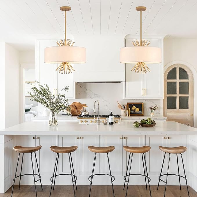 Drum Chandelier, 17.71” Gold Chandelier Farmhouse Pendant Light Fixture 4-Light with White Linen Shade, Adjustable Height Chandeliers for Dining Room Kitchen Living Room Bedroom, UL-Listed