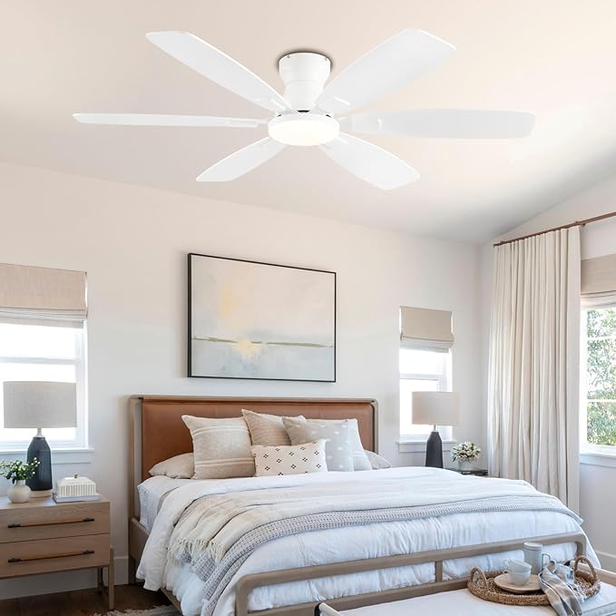 Ceiling Fans with Lights, 52 Inch Low Profile Ceiling Fan with Light and Remote Control, Flush Mount, Reversible, 3CCT, Dimmable, Quiet, White Ceiling Fan for Bedroom Indoor/Outdoor Use