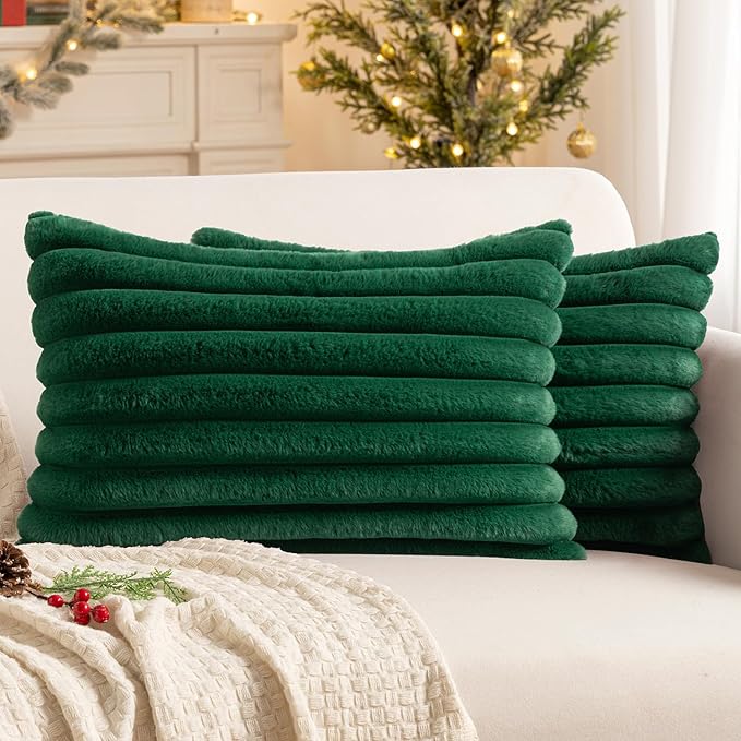 MIULEE Faux Fur Christmas Decorative Throw Pillow Covers 12x20 Inch Set of 2, Modern Spring Home Decor Soft Plush Couch Pillows Cozy Fluffy Cushion Covers for Sofa Bed Dark Green