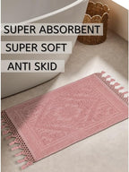 Savi Home Cotton Woven Jacquard Bathroom Rug, Woven Fringe Bathroom Mats, 100% Cotton, Non - Slip Bath Mat, Durable Thick Bath Mat 17”x30” with Fringes, Baby Pink