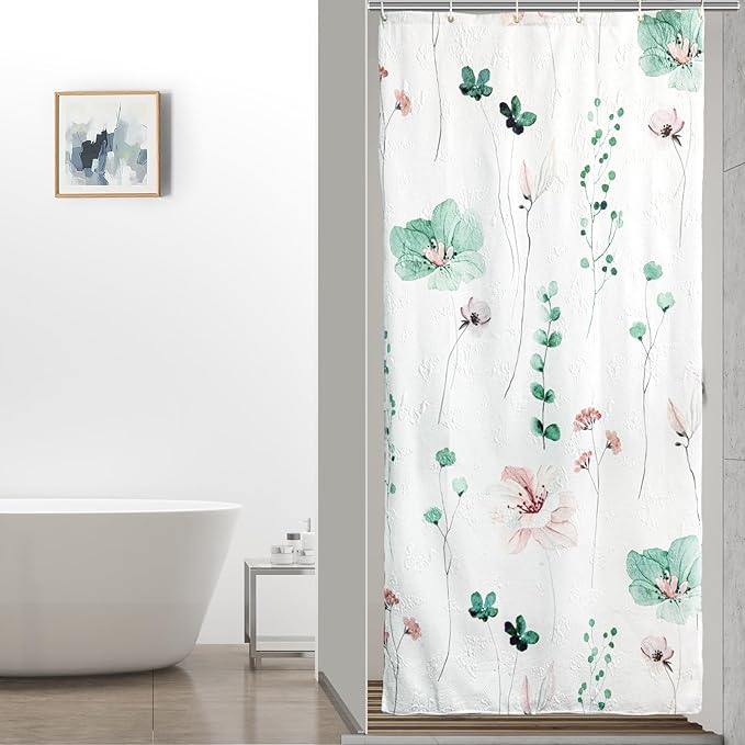 QiyI Small Stall Shower Curtain 36 x 72, Narrow Half Watercolor Floral Bath Curtain, 3D Embossed Sage Green Flower Cloth Bathroom Curtains, Waterproof Fabric White Shower Curtain Set with Hooks
