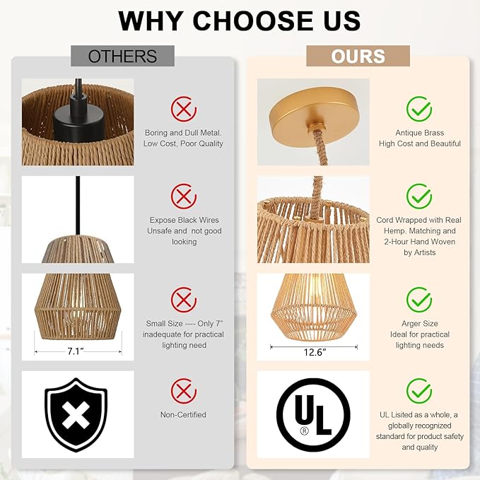 Woven Pendant Lights Hanging Lamp with 12" Hand Rattan Basket Shade Antique Brass Brush Paint Finish for Kitchen Island Farmhouse Dining Room Bar Bedroom Foyer Hallway