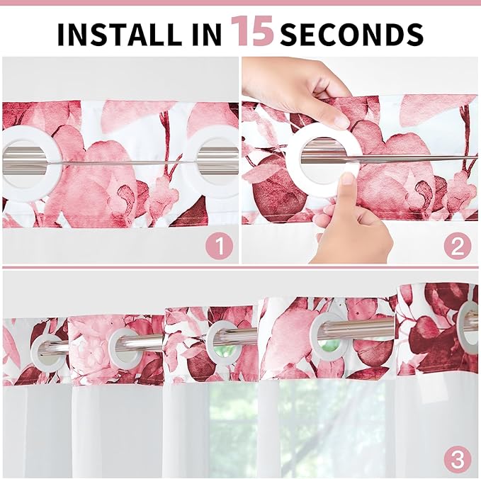 QiyI No Hook Shower Curtain with Snap in Fabric Liner, Pink Eucalyptus Shower Curtain with See Through Top Window, Waterproof Washable Cloth Ringless Shower Curtain Set for Bathroom, 72 x 75