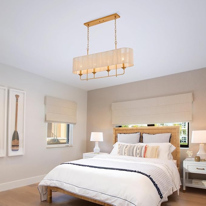 42” Boho Chandelier Brass and White Hand Woven Rattan Pendant Light Linear Large Island Light for Dining Room Kitchen Island Living Room, UL Listed