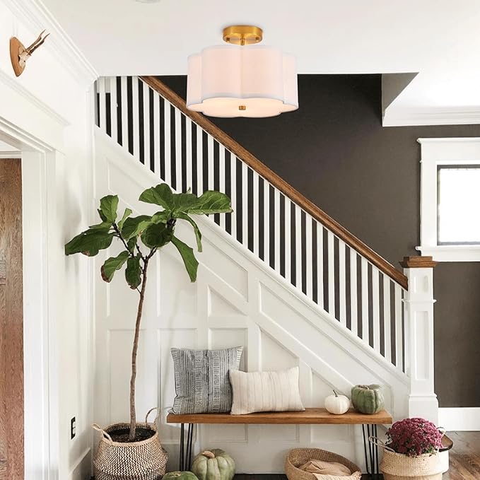 Modern Semi Flush Mount Ceiling Light Modern Gold 3-Lights Drum Ceiling Lighting Fixture Vintage Linen Golden Ceiling Lamp for Laundry Room, Kitchen, Basement, Dining Room, Bedroom