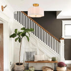 Modern Semi Flush Mount Ceiling Light Modern Gold 3-Lights Drum Ceiling Lighting Fixture Vintage Linen Golden Ceiling Lamp for Laundry Room, Kitchen, Basement, Dining Room, Bedroom