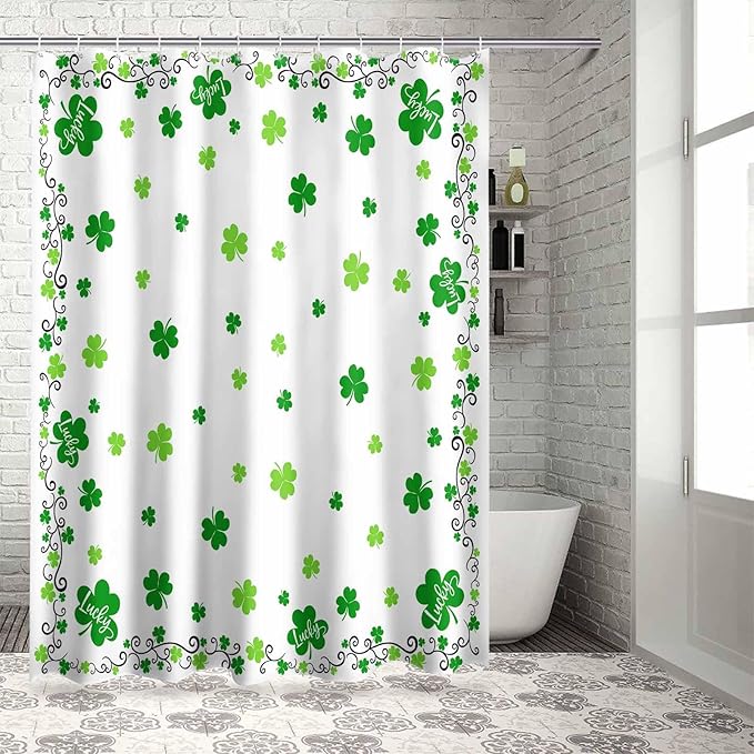St. Patrick's Day Shower Curtain, Green Shamrock Irish Clover Shower Curtains Set with Hooks, Seasonal Spring Holiday Waterproof Fabric Bathroom Curtains Decor Home Accessories,66 X 72 Inch Long