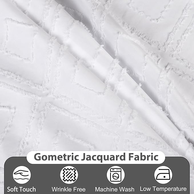 No Hook Shower Curtain Set with Snap in Liner, White Jacquard Tufted Geometric Bath Curtain, Boho Luxury Hotel Bathroom Decor, Waterproof Washable, 71 x 86 Inch