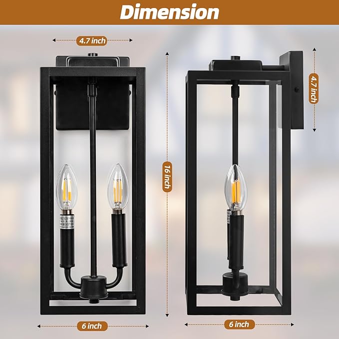Outdoor Sconce Light for House 16 Inch Large, Two Candle Light Outdoor Light Fixture Exterior Lighting Lantern for Front Porch IP65 Waterproof Outside Wall Mounted Lamp, E12