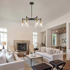 Farmhouse Chandeliers for Dining Room Black Chandelier 6 Light Dining Room Light Fixture with Clear Glass Shades Gold Pendant Lights for Kitchen Island Living Room Entryway Staircase
