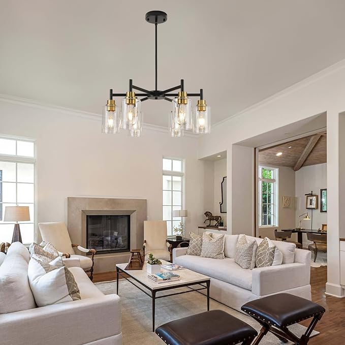 Farmhouse Chandeliers for Dining Room Black Chandelier 6 Light Dining Room Light Fixture with Clear Glass Shades Gold Pendant Lights for Kitchen Island Living Room Entryway Staircase