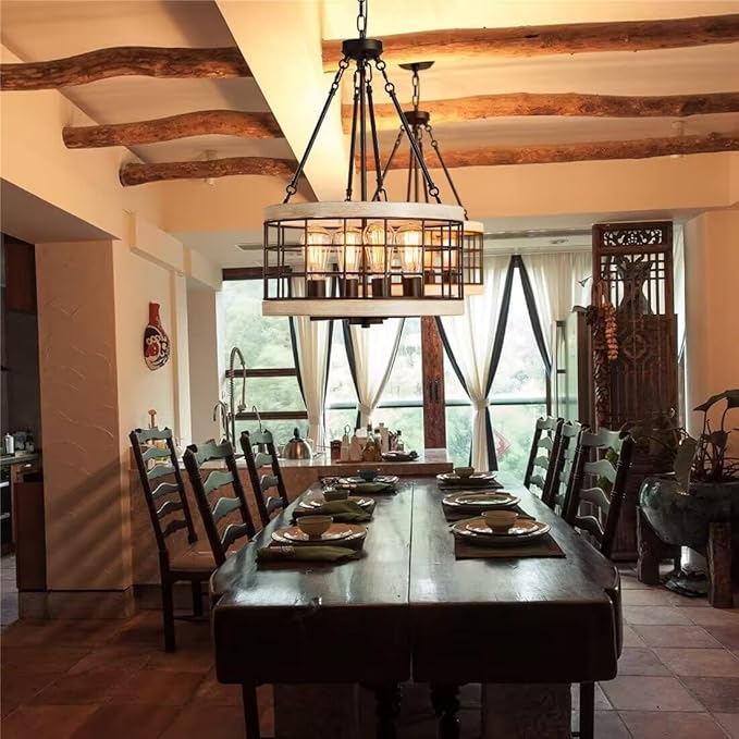 Farmhouse Drum Chandelier,Rustic White Oak Wood Color&Black Metal Finish 4-Light Chandeliers for Dining Room Kitchen Entryway UL Listed