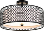 17" Semi Flush Mount Ceiling Light Fixture, Modern 3-Light E26 Double Drum Ceiling Lighting with Matte Black Iron Mesh Cage for Living Room Bedroom Hallway Entryway, Black