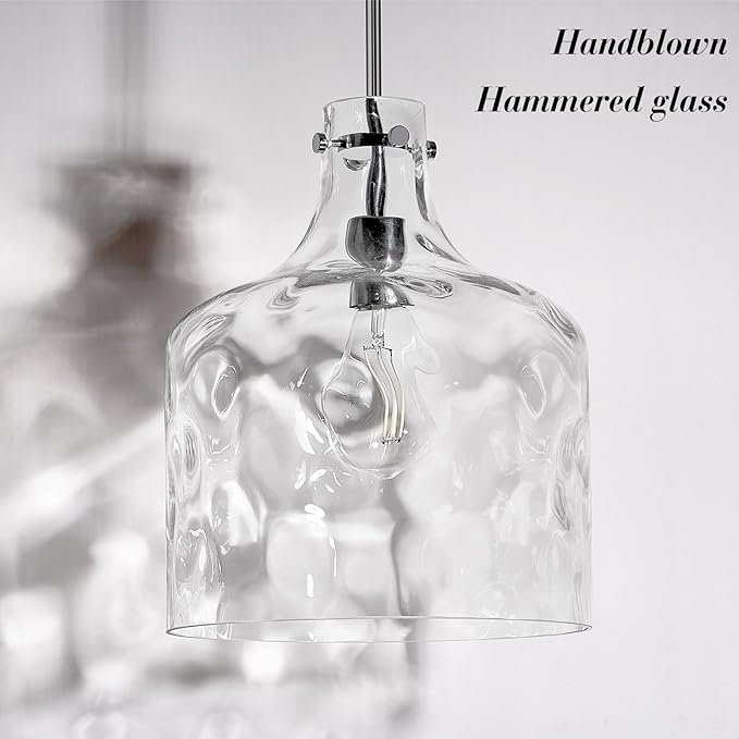 Extra Large 16" Vintage Farmhouse Pendant Light – Hand-Blown Clear Hammered Glass Shade, Adjustable Chain Hanging Light for Kitchen Island, Hallway, Dining Room, Chrome