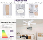 42inch Ceiling Fans with Lights, Low Profile Ceiling Fan with Light and Remote Control/APP Control, DC Reversible Motor, Noiseless, Flush Mount White Ceiling Fan for Bedroom, Indoor/Outdoor Use