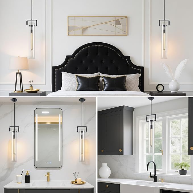Modern Black Kitchen Island Pendant Light,21.6'' 1-Light Glass and Brass Island Pendant Lights,Farmhouses Pendant Light, for Kitchen,Dining Room,Bathroom